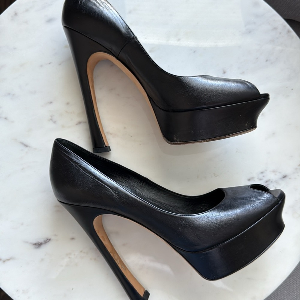Yves Saint Laurent Black Leather Palais Platform Peep Toe Pumps Size 9